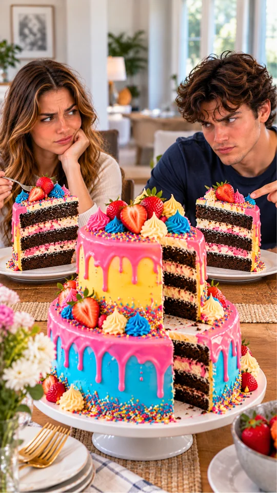 Emma and Tyler comparing slices of a colourful layered cake