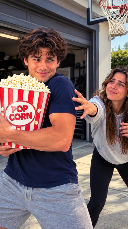 Tyler holding a large bucket of popcorn while Emma reaches for it