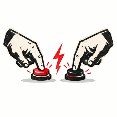 Illustration of arcade rivalry with opposing hands and buttons